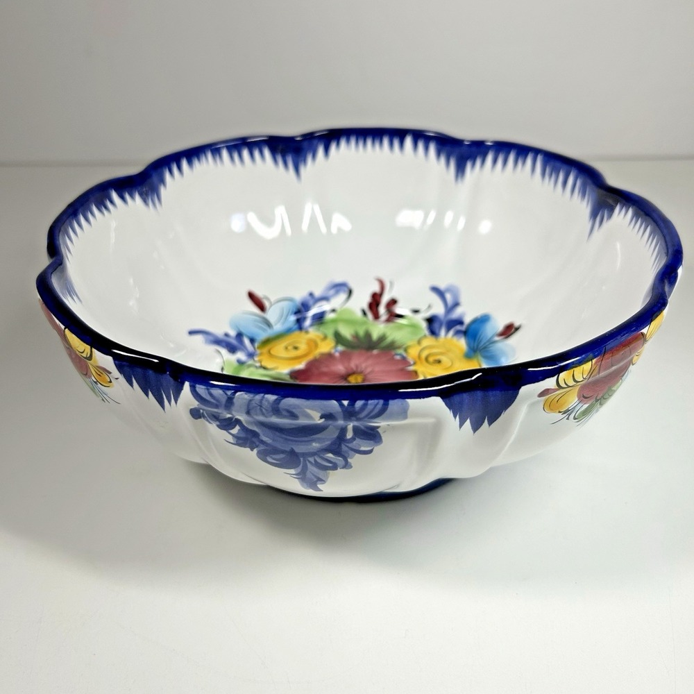 Vintage Portugal Ponta Hand Painted White Blue MultiColor Floral Serving Bowl